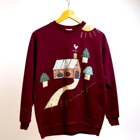 Handmade Sweaters - Women's Maroon Embroidered Cottage Sweatshirt